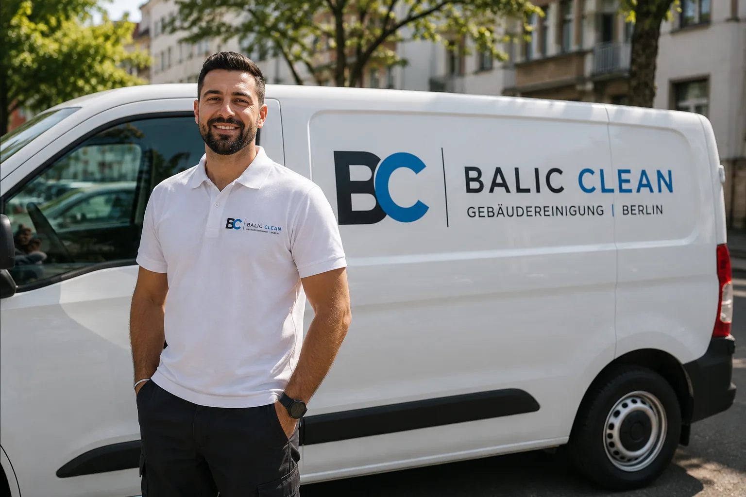 Mitarbeiter von Balic Clean vor dem Firmenfahrzeug in Berlin